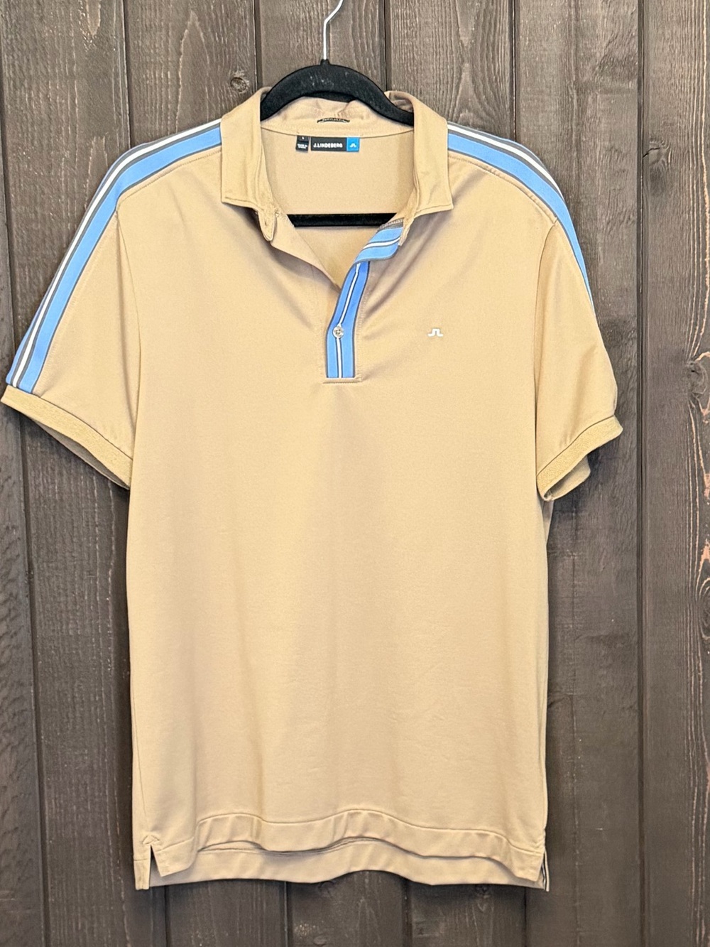 J. Lindberg Regular Fit Golf Polo Shirt Mens LG Tan/Blue/White Performance